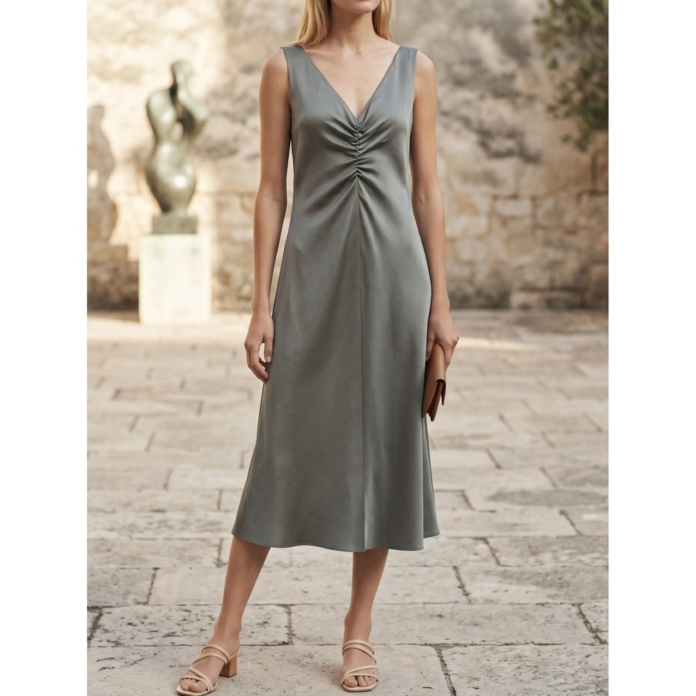 Vince Ruched Double V-Neck Satin‎ Midi Dress Patina Green NWT XXS XS $345